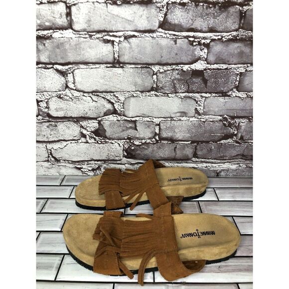 MINNETONKA Daisy Brown Fringe Suede Leather Slides Sandals Women Sz 10M US/41EU - Picture 8 of 16